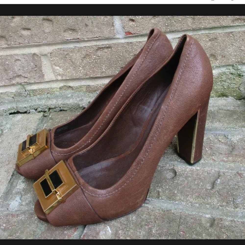Tory Burch Brown Leather Heels with Gold Accents